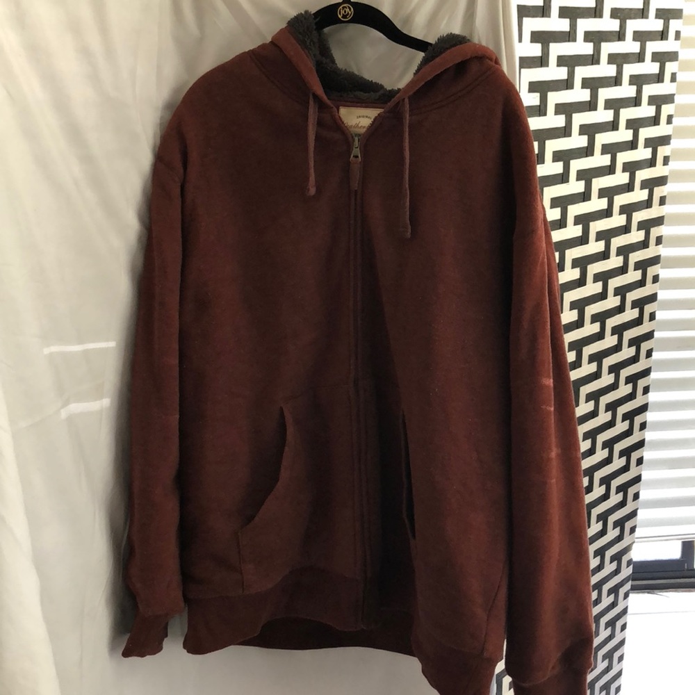 Weatherproof heavy fuzzy-lined zipper hoodie.